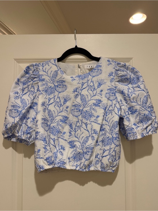 THML Tops - THML White Top with Blue Floral Print and Puff Sleeves